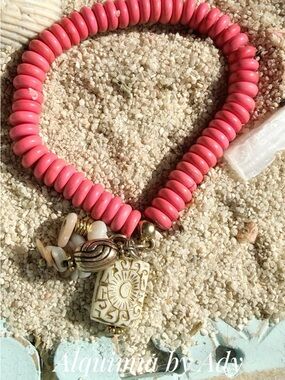 TURQUOISE Red Bead Bracelet with Gold-Tone Charms